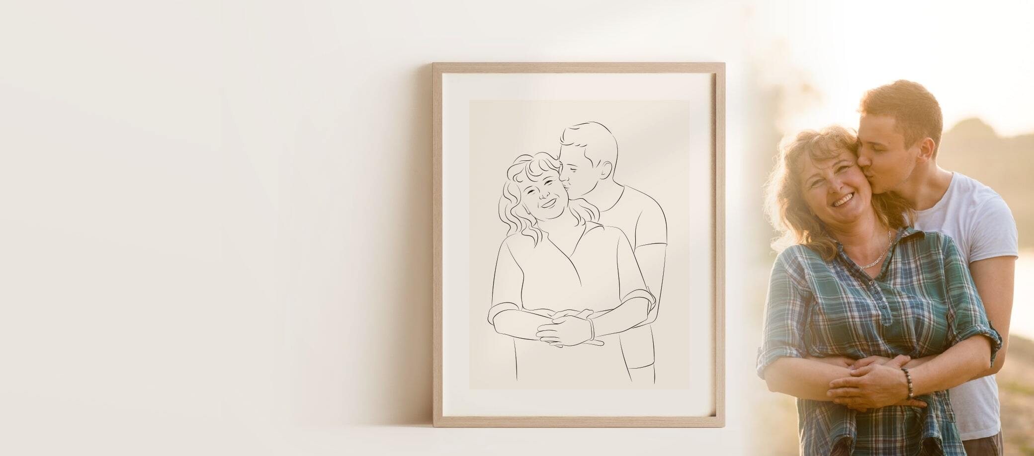 Een Line Art tekening van een moeder met haar zoon als verjaardagscadeau