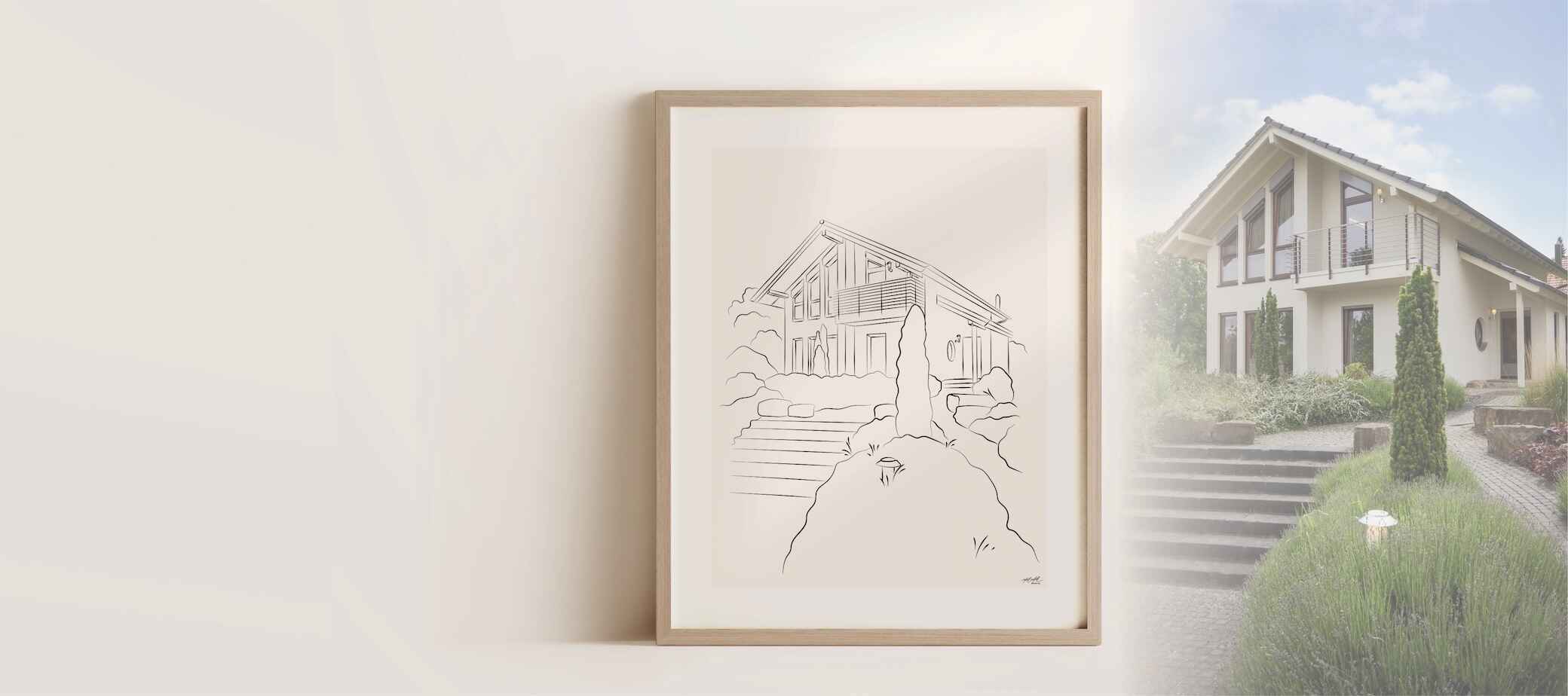 Een moderne eengezinswoning, getekend in Line Art