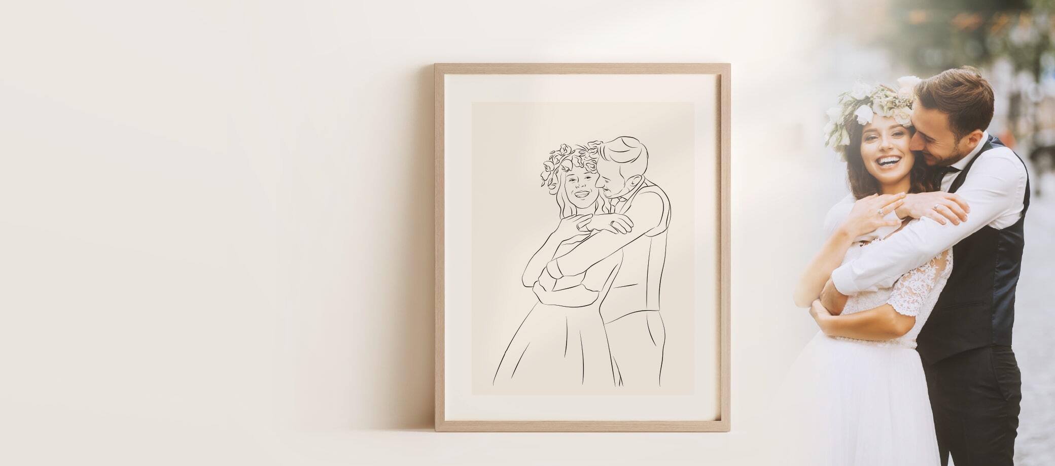 Trouwkoppel geïllustreerd in Line Art, ingelijst in lichte eiken lijst