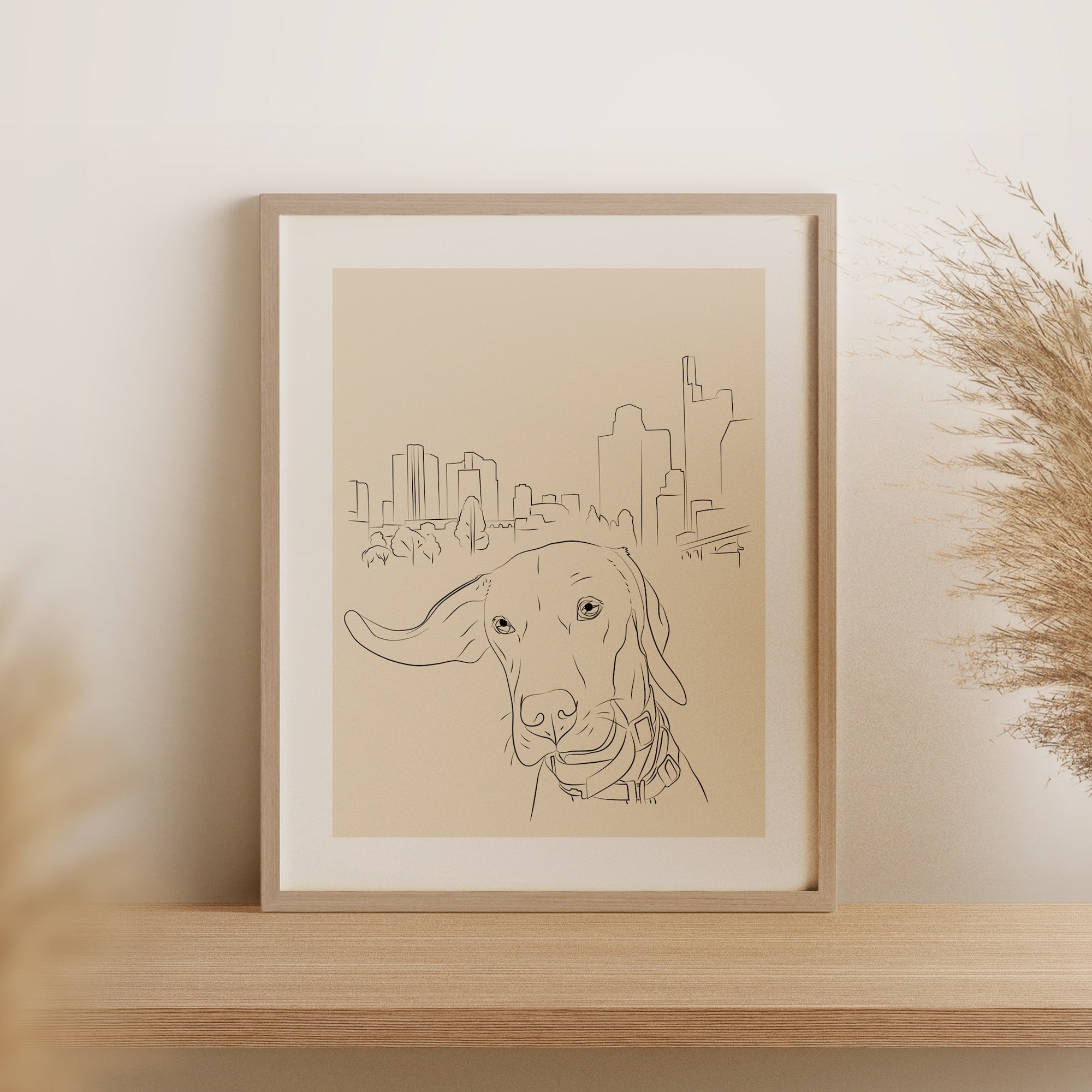 Een Line Art tekening van een hond en de skyline van Frankfurt