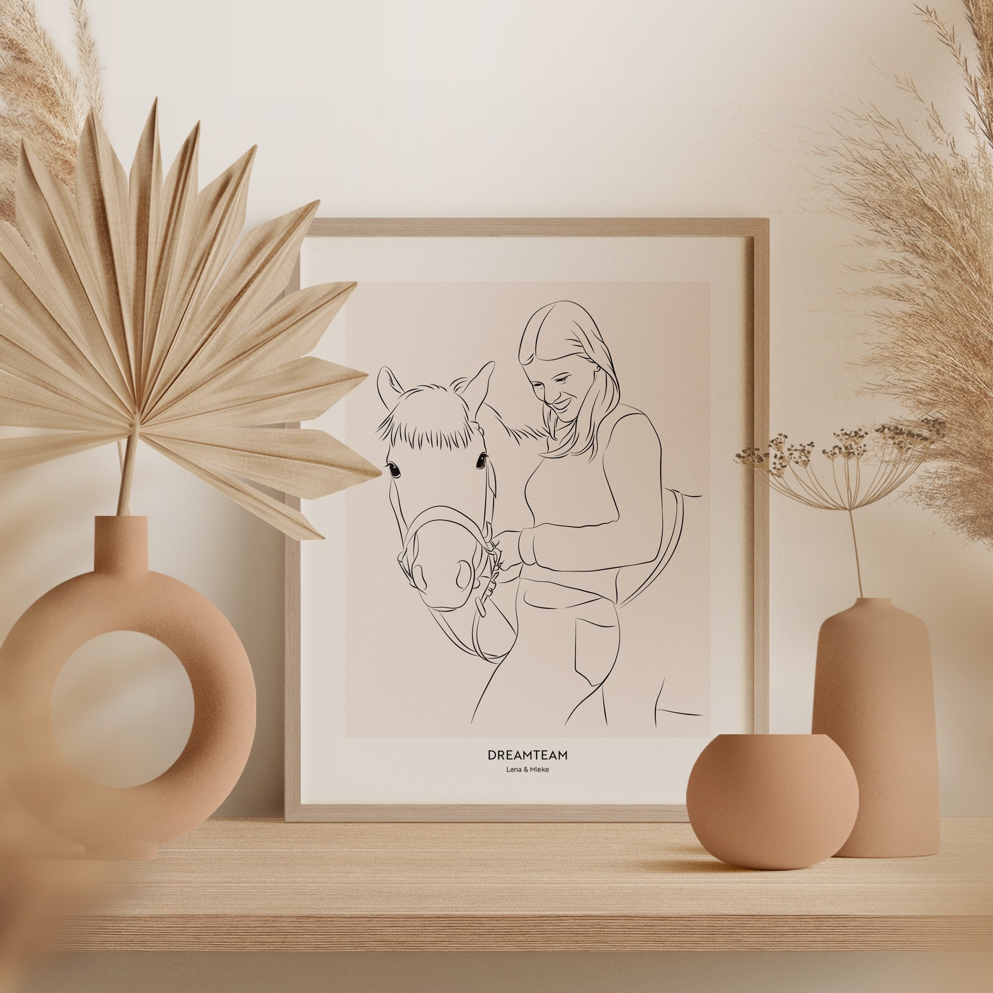 Een Line Art tekening van een paard naast een jonge vrouw