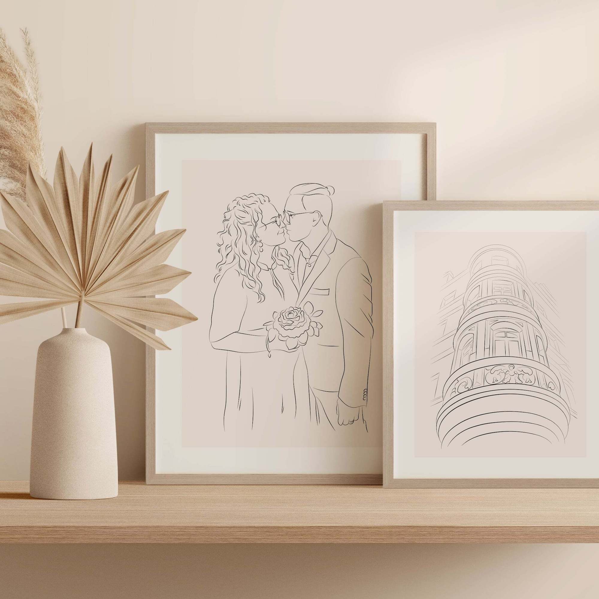 Fassade tekening van een huis in Line Art naast een koppelillustratie