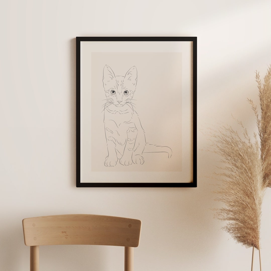 Line Art tekening van een kat met grote oren